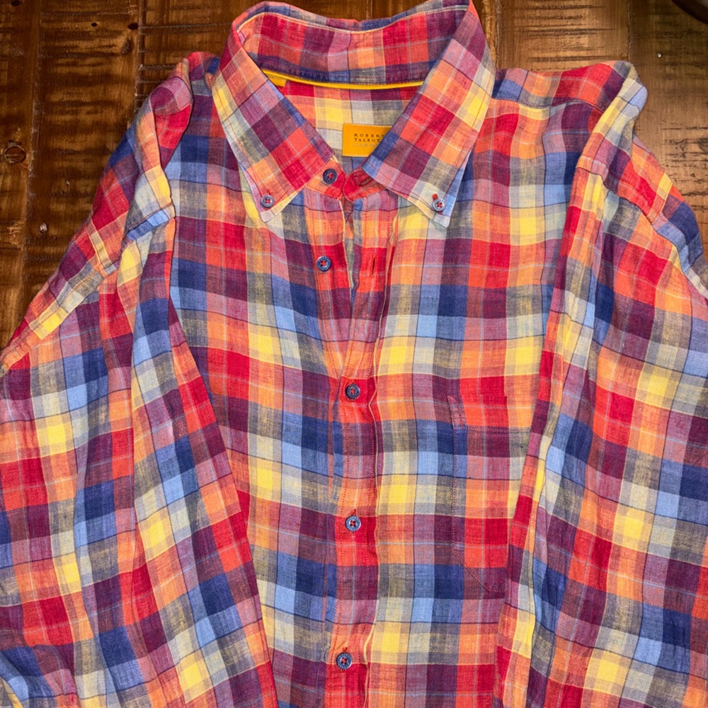 Robert Talbott Red Blue Yellow Plaid Shirt